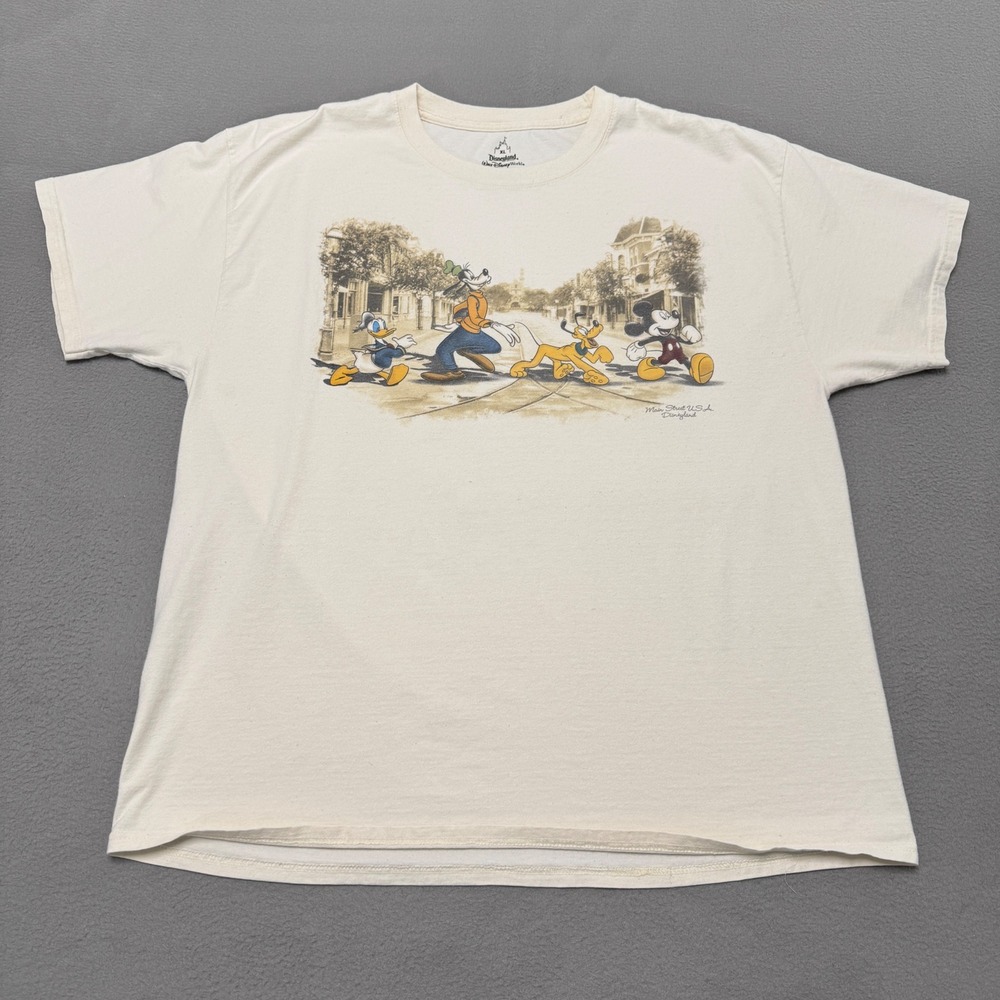 Disney T Shirt Mens XL Cream Main Street USA Disneyland Mickey Pluto Donald